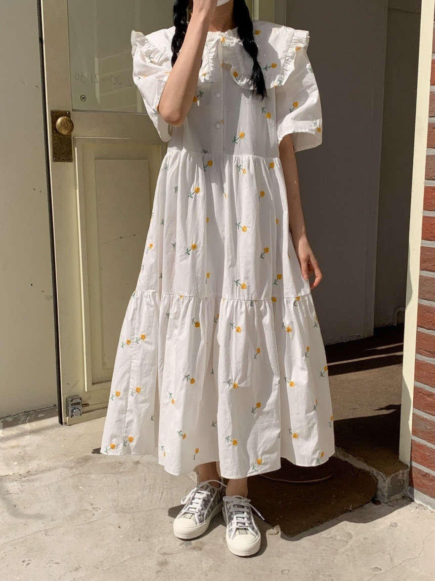 Nomikuma Floral Embroidery Woman Dress Sweet Peter Pan Collar Short Sleeve Dresses Korean Chic Summer Causal Vestidos 6H319 210427