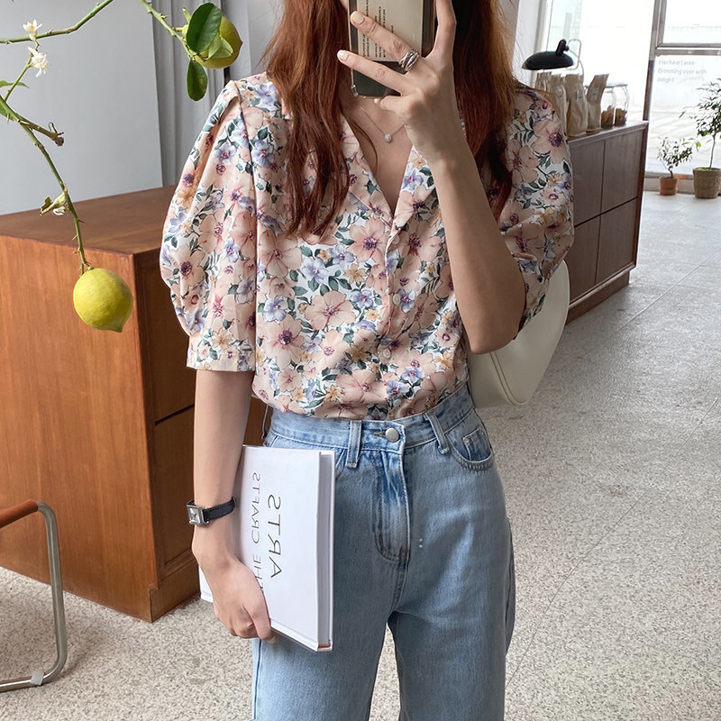 Office Lady Streetwear Florals Sweet Fashion Thin Shirt Puff Sleeves All Match Loose Women Tops Blouses 210421