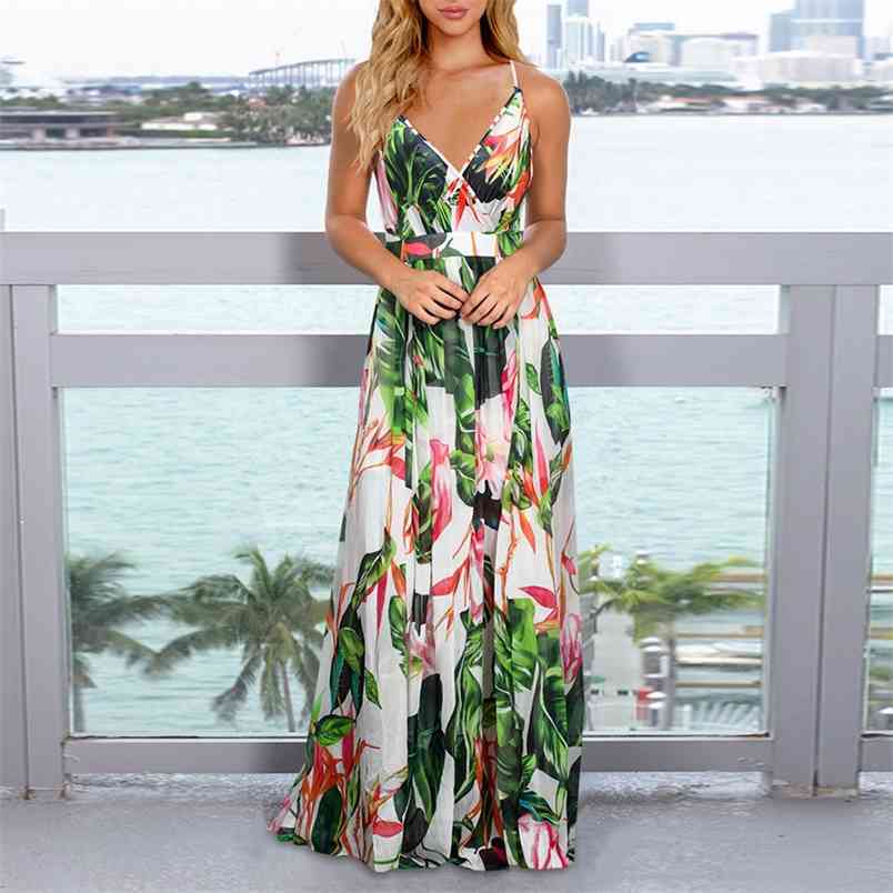 Women Floral Print Maxi Dress Summer Sexy V Neck Sling Backless Tunic Long es Female Elegant Bohemian Party Vestidos 210522
