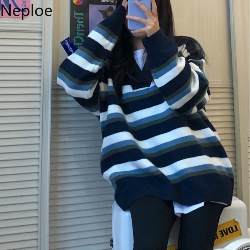 Neploe Preppy Style Knitted Pullovers Coat Chic Vintage Sweaters for Women Thicked All-match Striped Jumper Oversized Outwear 210422