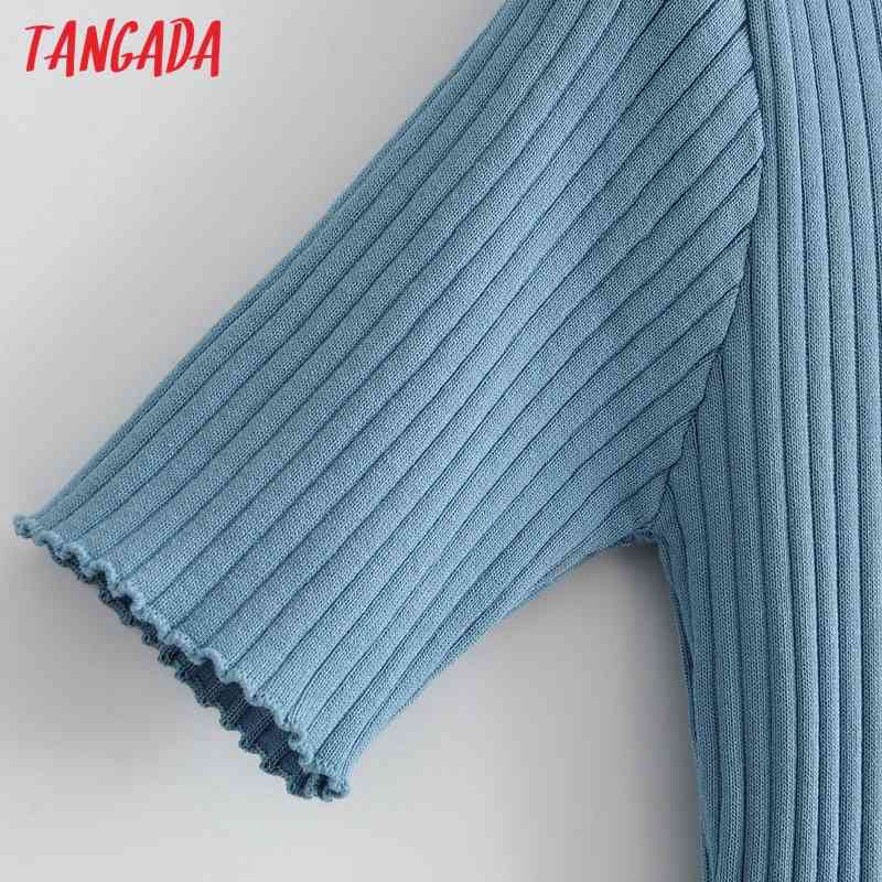 Fashion Women Blue Backless Knit Short Sleeve O Neck Ladies Sexy Midi Dress AI47 210416