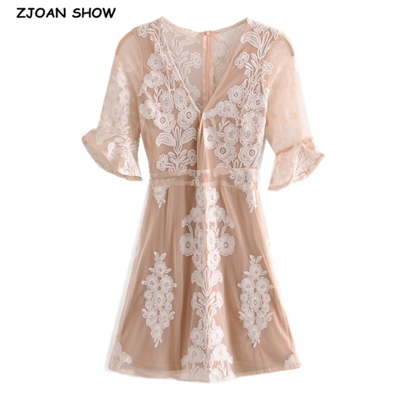 Spring Women Perspective Mesh Hollow Out Embroidery Short Dress Sexy Slim fit Package Hips Party Dresses 210429