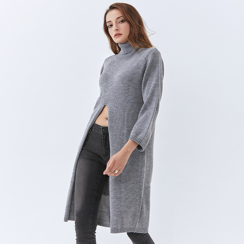 Loose Black Knitted Pullover For Women Turtleneck Long Sleeve Front Split Casual Sweater Female Fall Style 210524
