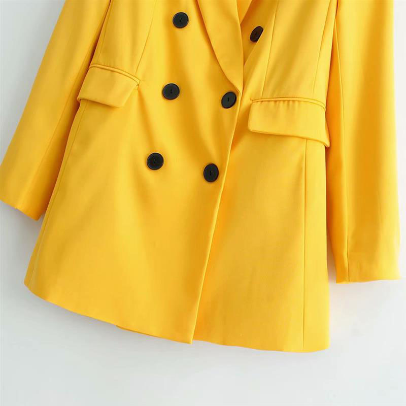 women chic yellow blazer pockets double breasted long sleeve office wear coat solid female casual outerwear tops Candy color 210507