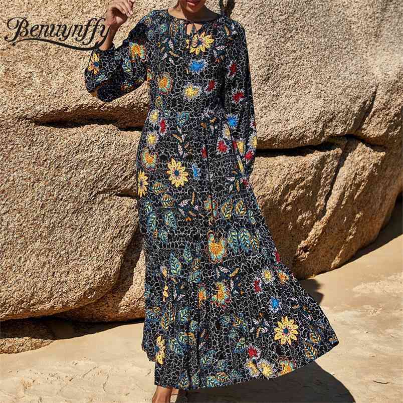 Tie Neck Spring Print Long Maxi Dresses Women Holiday Casual High Waist Sleeve Pleated Swing Dress Clothing 210510