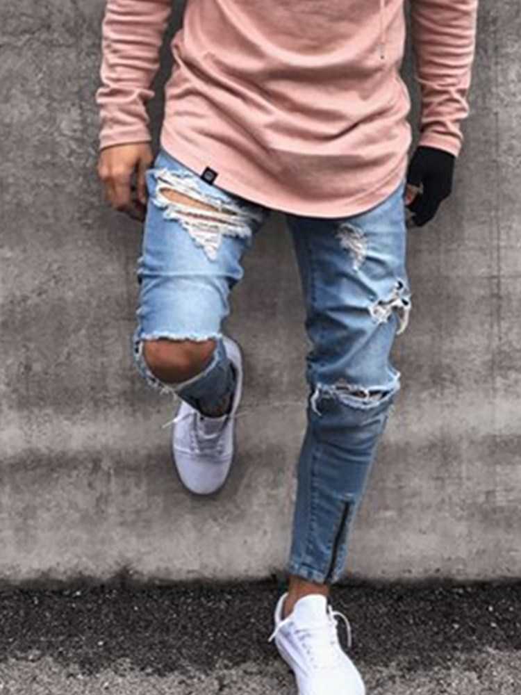 Men's Jeans New Fashion Pants Split Elastic Zipper Four Season Perforated Pencil Denim Cotton Y2303