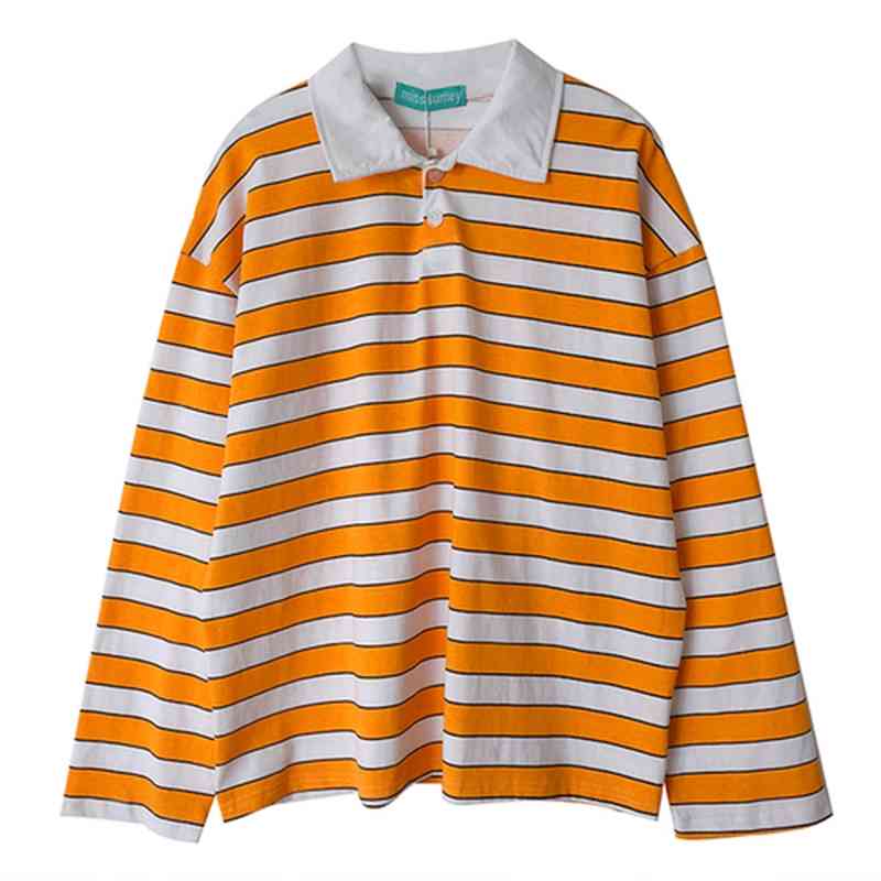 Loose Casual Vintage Striped All Match College Wind Long Sleeve Turn Down Collar Female Women Basic T-shirts 210406