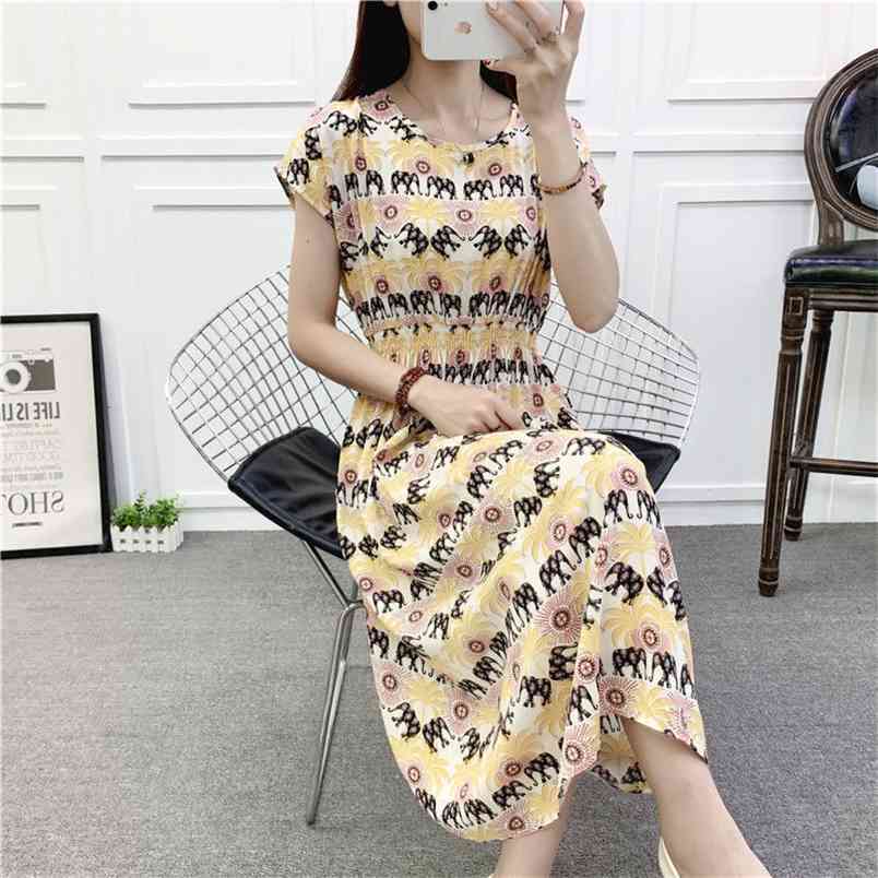 Summer Floral Print Midi Dresses Women Casual O Neck Short Sleeve Holiday Beach Elastic Waist Female Party Vestidos 210522