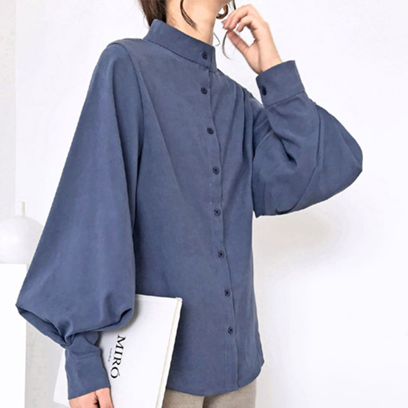 Lucyever Blue Mandarin Collar Shirts Womens Autum Big Lantern Sleeve Blouses Woman Korean Style Single Breasted Tops Femme 210521