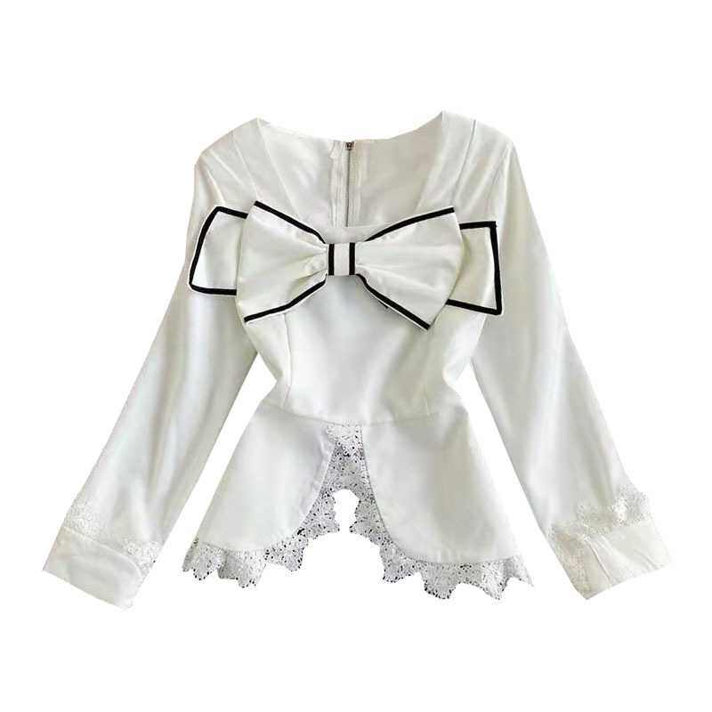 Kimutomo Elegant Lace Patchwork Women Blouses Shirt Fashion Ruffles French Style Square Collar Bow Long Sleeve Short Tops 210521
