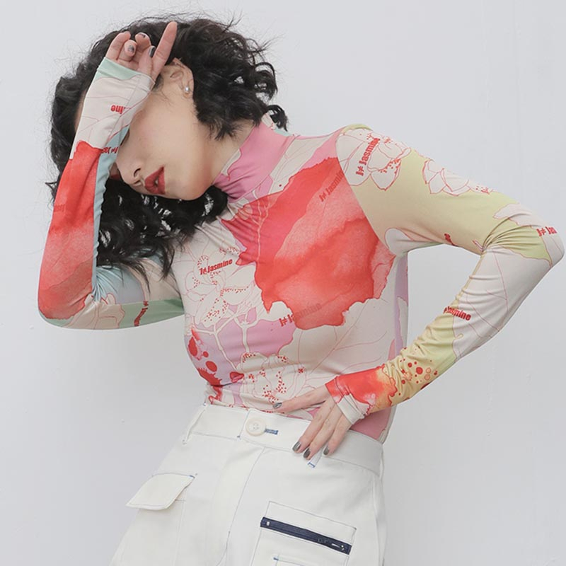 TWOTYLE Causal Print Hit Color Women's Tshirt Turtleneck Long Sleeve Slim Shirts For Female Fashion Clothing 210406