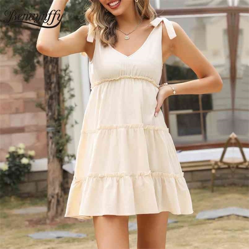 V-neck Tie Shoulder Frill Trim Mini Dresses Women Summer Short Sleeve Cotton Linen Casual Korean Solid Dress 210510