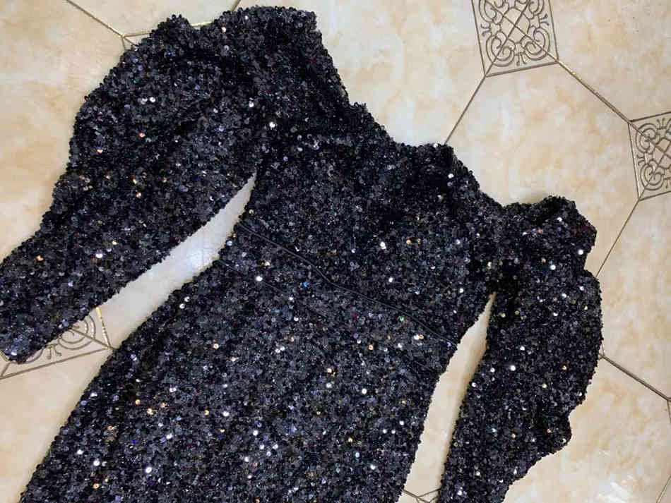 Free High Quality Women Party Sequin Dress Sexy Card Shoulder Long Sleeve Bodycon Club Fishtail Vestidos 210524