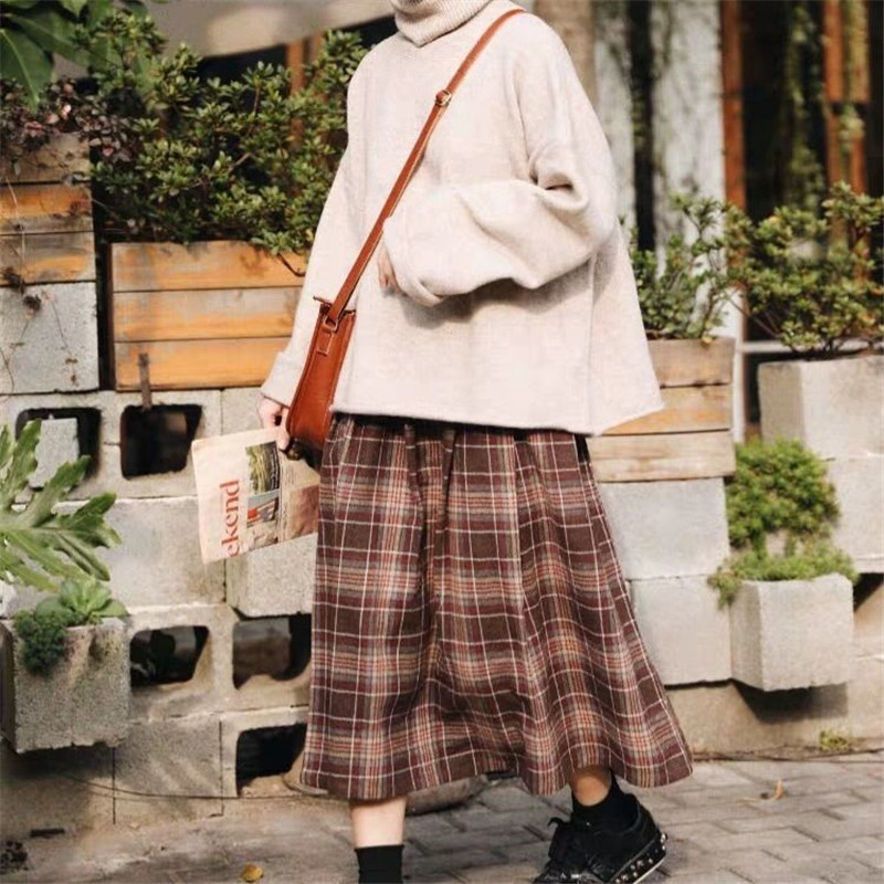 japanese style elastic high waist Long Skirts womens autumn plaid A-line pleated Female winter Wool Warm Streetwear 210421