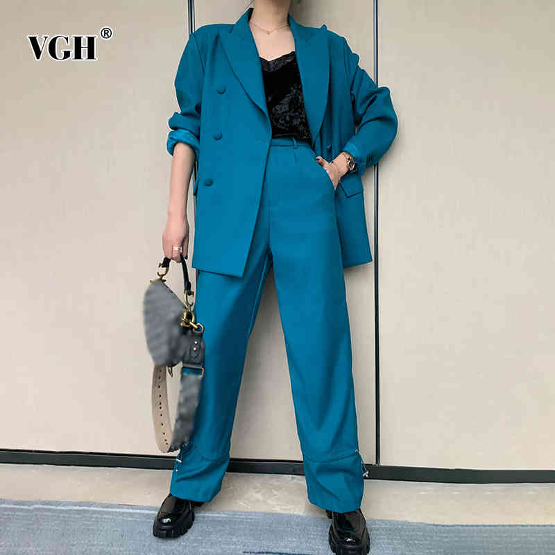 VGH Minimalist Sets For Female Notched Long Sleeve Blazer Wide Leg Loose Pants Casual Solid Two Piece Set Women Autumn New Tide 210421