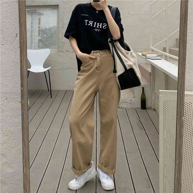 Khaki High Waist Wide Leg Denim Jeans Pants Women Button-up Loose Solid Full-length Ladies Trousers 210514
