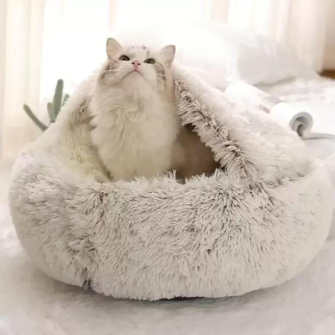 Stock Cat Beds & Furniture Plush Pet Dog Bed House Warm Round Kitten Semi-enclosed Winter Nest Kennel Cats Sofa Mat Basket Sleeping Bag
