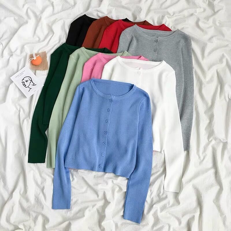 Solid Long Sleeve Women Tops Spring Korean High Waist Single Breasted Button Up Knitted Cardigan Short Bottoming sweater 12820 210506
