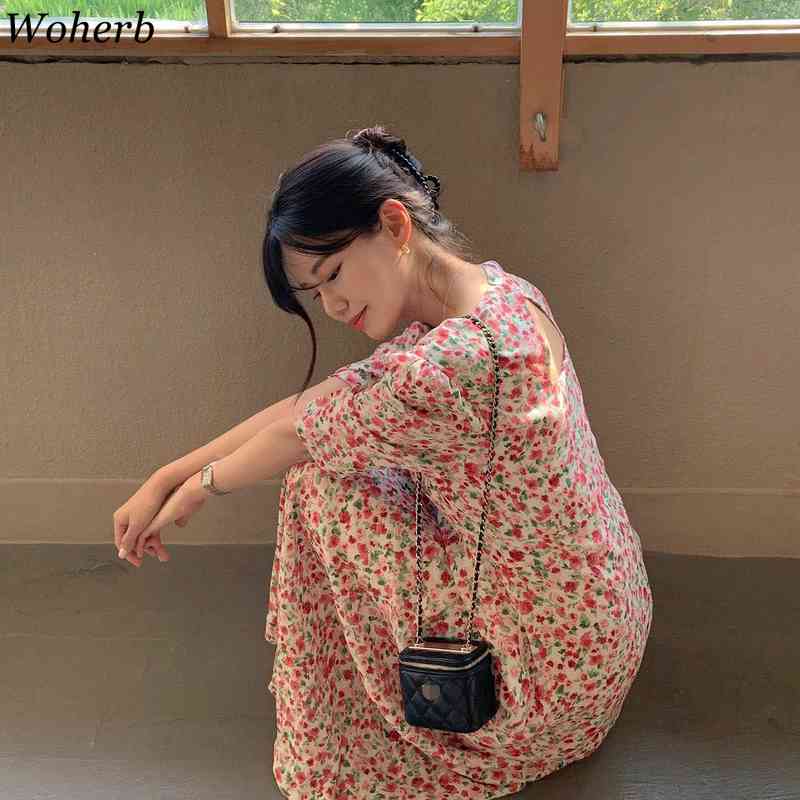 Elegant Sweet Floral Dress Women Summer Korean Chic Robe Temperament Hollow Out Vestidos Backless Vintage 210519