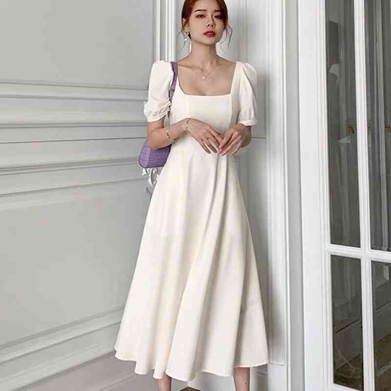 Square Collar Black Casual Dresses for Women Short Sleeve Elegant Midi Dress Dress Korean Office Lady Summer Chic 210521