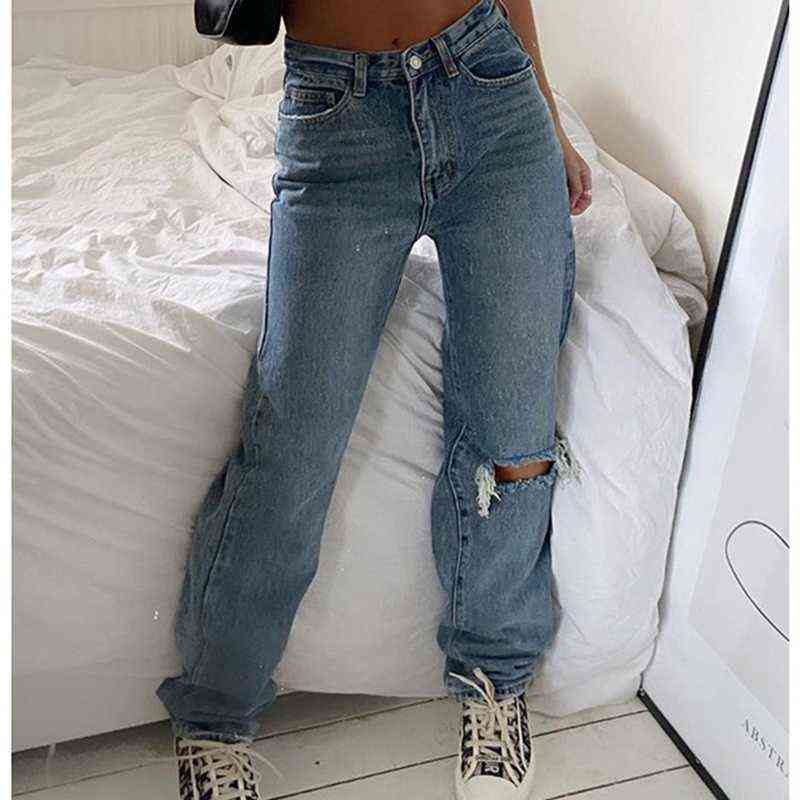 Hole Ripped Straight Mom Baggy Jeans Women High Waist Casual Y2K Streetwear 90s Wide Leg Boyfriend Pants Hollow Denim Trousers 211129