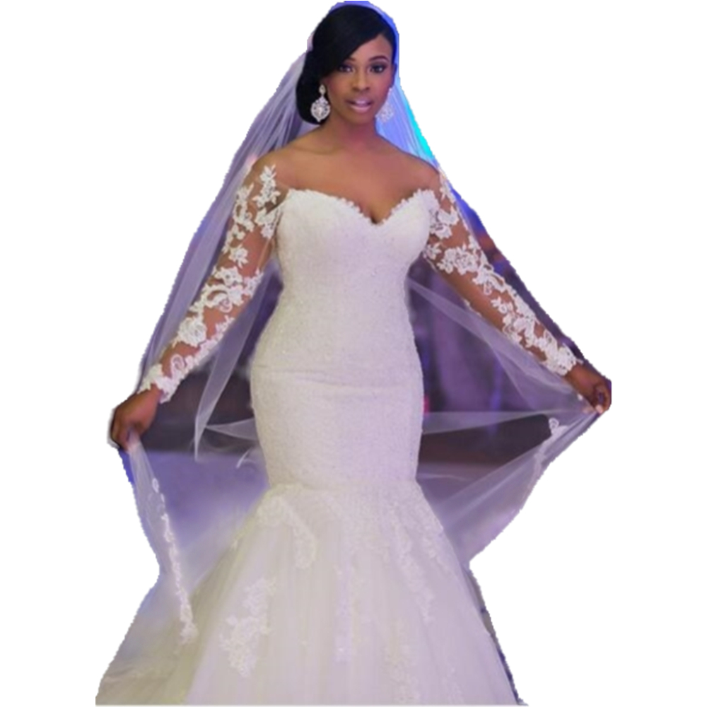 Classic African Aso Ebi Lace Mermaid Wedding Dresses Long Sleeve Appliques Plus Size Bridal Gowns Off The Shoulder FLoor Length Ivory White Bride Dres