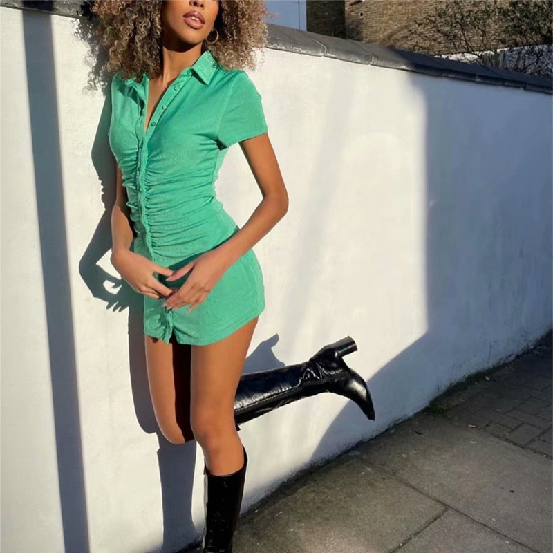 Vintage Woman Velvet Short Sleeve Shirt Dress Fashion Ladies Slim Mini es Female Streetwear Pleated 210515