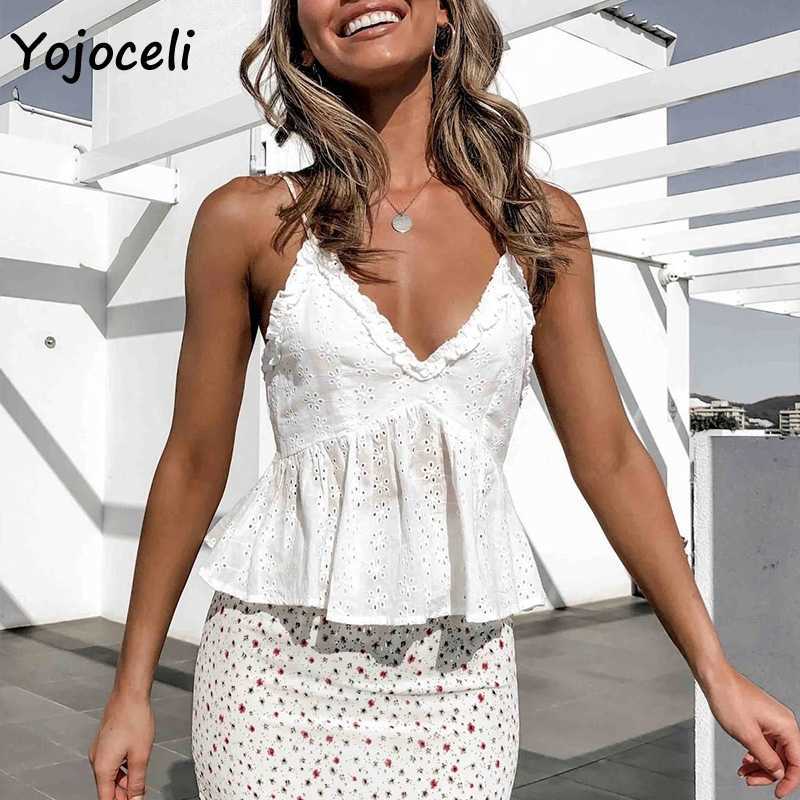 Yojoceli cute cotton embroidery camis top hollow out ruffle camisole shirt 210609