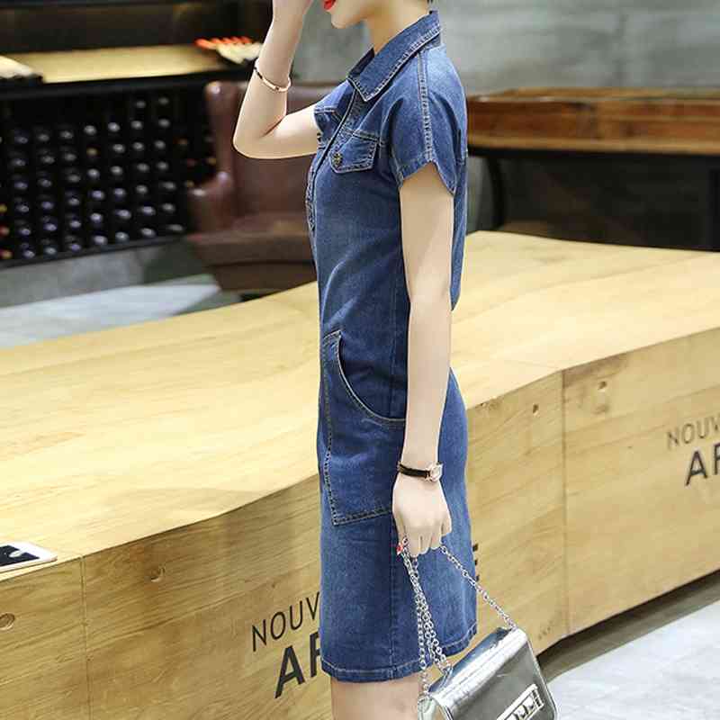 Autumn arrival Summer Women Denim Dress Short Sleeves Pockets Loose Casual Dresses Plus Size Solid 843J 210420