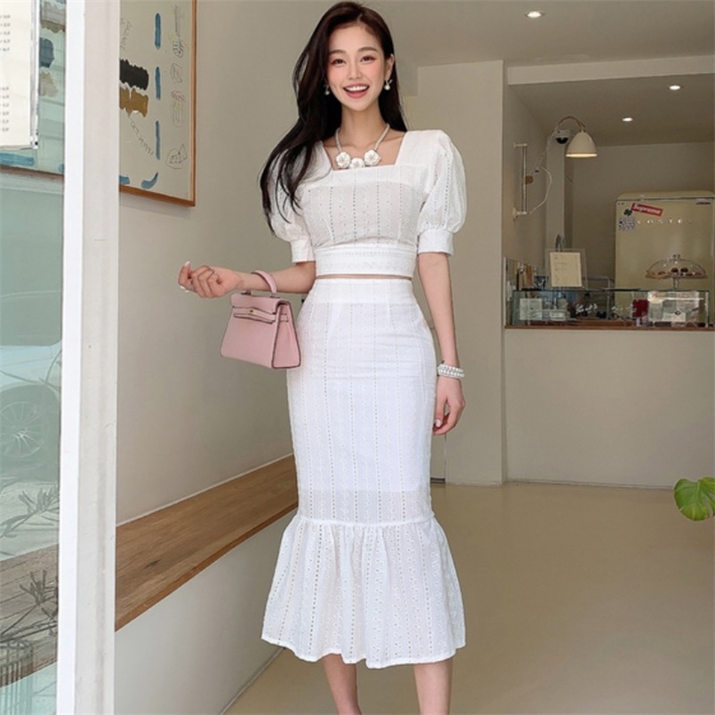 Women 2 Piece Outfits Summer Office OL Lace Embroidery Puff Sleeve Short Tops + High Waist Bodycon Mermaid Skirt 2 Set 210519