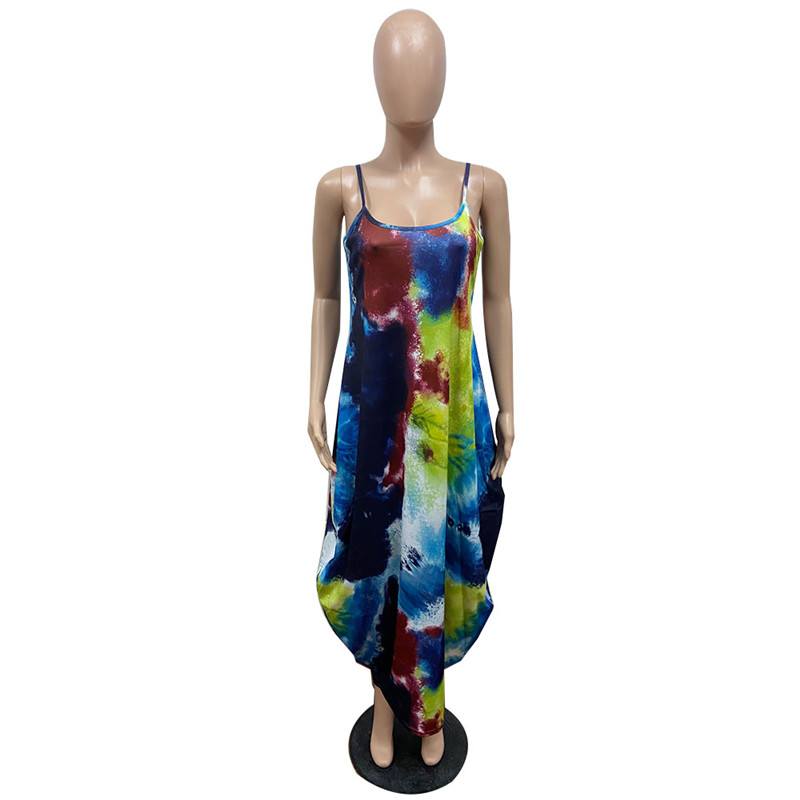 Tie dye Summer Women Maxi Dresses one-piece dress Casual loose skirts Fashion girls Beach wear Plus size S-2XL Floor-length long skirt 4958
