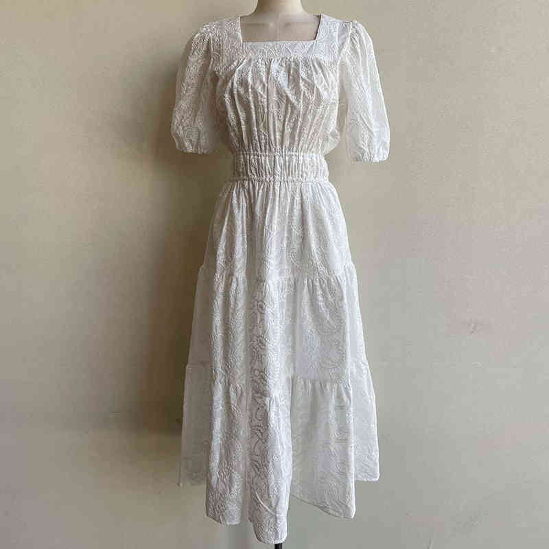 Nomikuma Korean Chic Slim Waist Woman Dress Puff Short Sleeve Square Collar Dresses Fashion Elegant A-line Vestidos Femme 6G343 210427