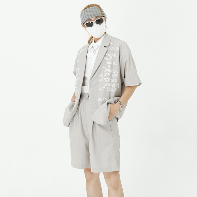 IEFB Men's Trend Two Pieces Set Summer Ins Short Sleeve Letter Print Blazer + Elastic Loose Shorts Suit With Belt 9Y5993 210524