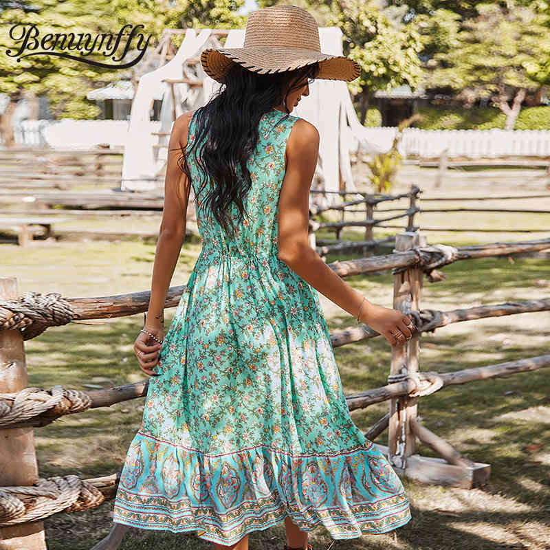 V-neck Button Front Tassel Drawstring High Waist Floral Print Bohemian Dresses Summer Holiday Style Women Long Dress 210510