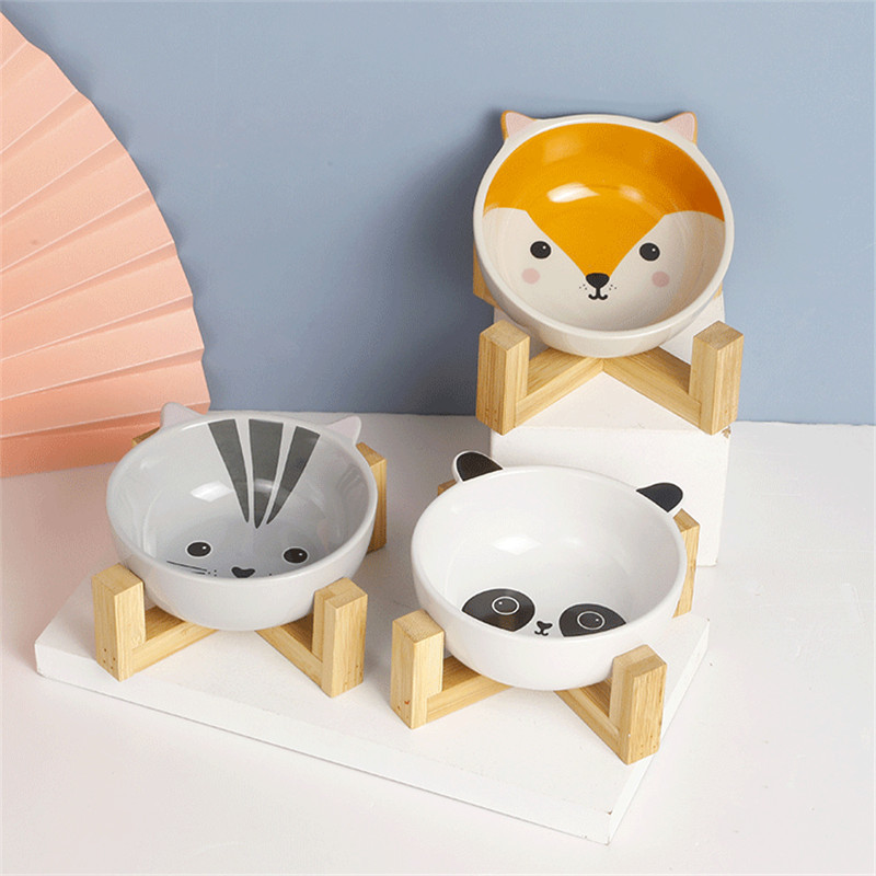 Cute Animal Pets Bowl Dog Cat Food Water Feeder Puppy Ceramic Drinking Dish Bowl with Wooden Rack Pet Cat Accessory