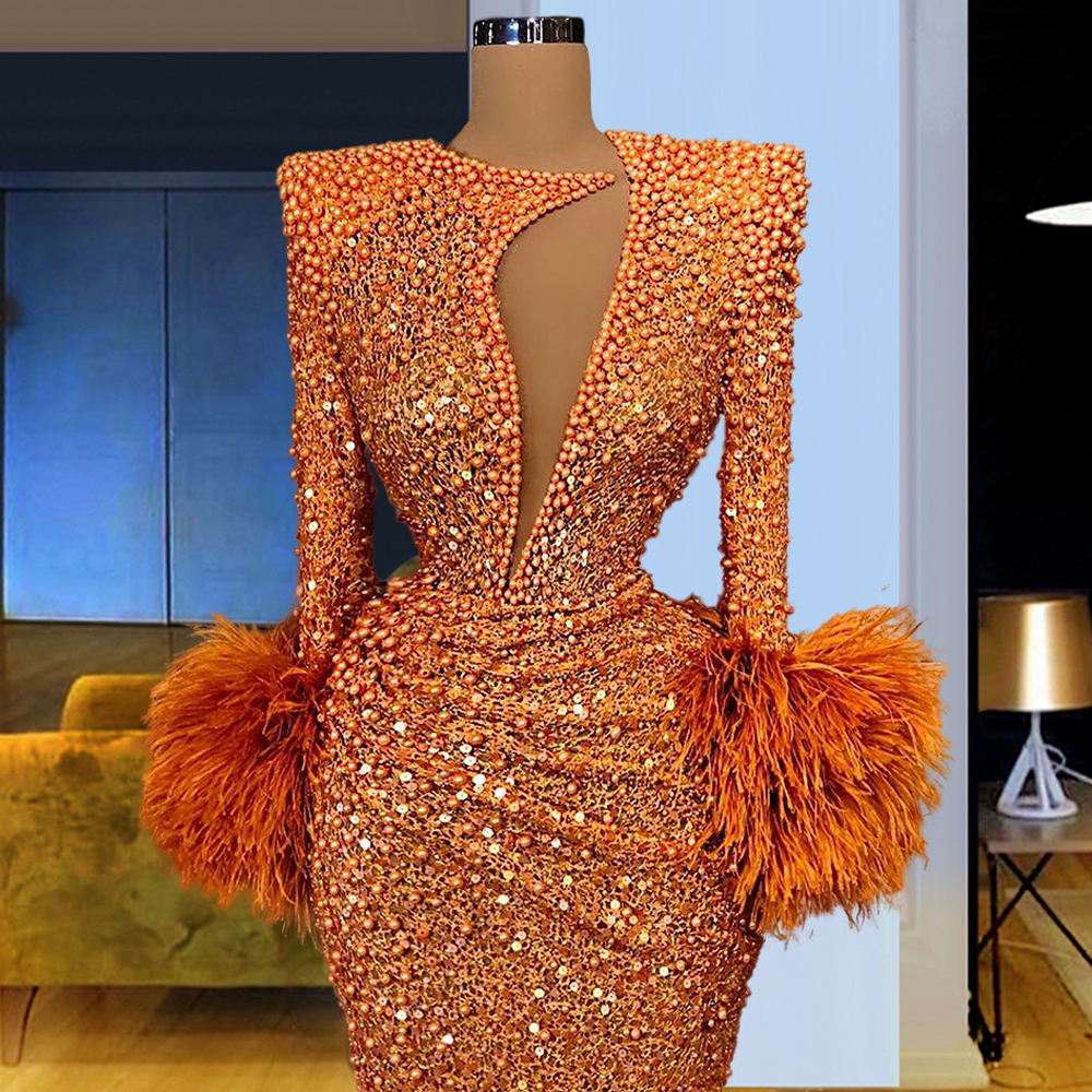 Pearls Feather Mermaid Evening Dresses Orange Long Sleeves Sequins Prom Gown Custom Made Formal Party Floor Length High Neck Vestido de novia, Red
Pearls Feather Mermaid Evening Dresses Orange Long Sleeves Sequins Prom Gown Custom Made Formal Party Floor Length High Neck Vestido de novia, Red