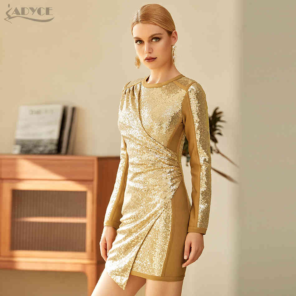 Winter Women Gold Sequined Long Sleeve Club Dress Sexy O Neck Fashion Mini Celebrity Evening Runway Party Dresses 210423