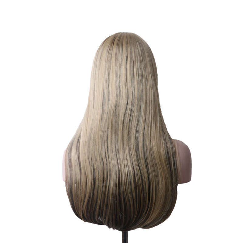 Synthetic Wig With Bangs Female Cosplay Women's Wigs Long Straight Hair Ombre Blonde Black Mix Color Dark Brown
