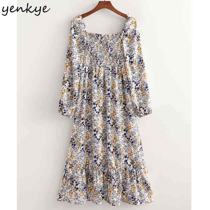 YENKYE Spring Women Vintage Prairie Chic Floral Print Dress Female Square Neck Long Sleeve Robe Femme A-line Midi Casual Dresses 210515