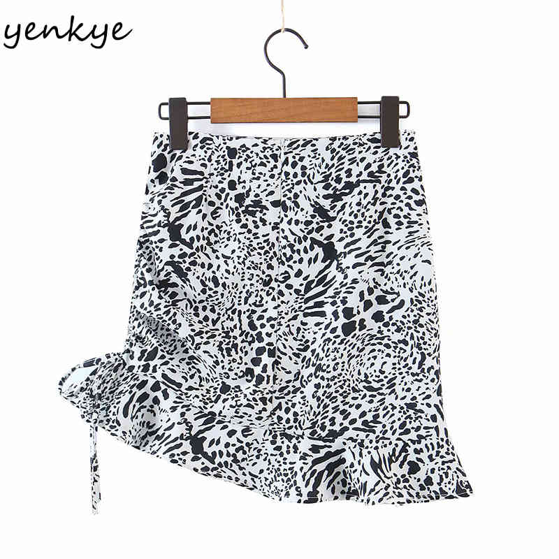 Vintage Animal Print Sexy Skirt Women Side Drawstring High Waist Asymmetric Mini Hem Ruffle Summer Jupe Femme 210430