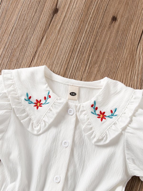 Toddler Girls Floral Embroidered Frilled Statement Collar Puff Sleeve Dress SHE