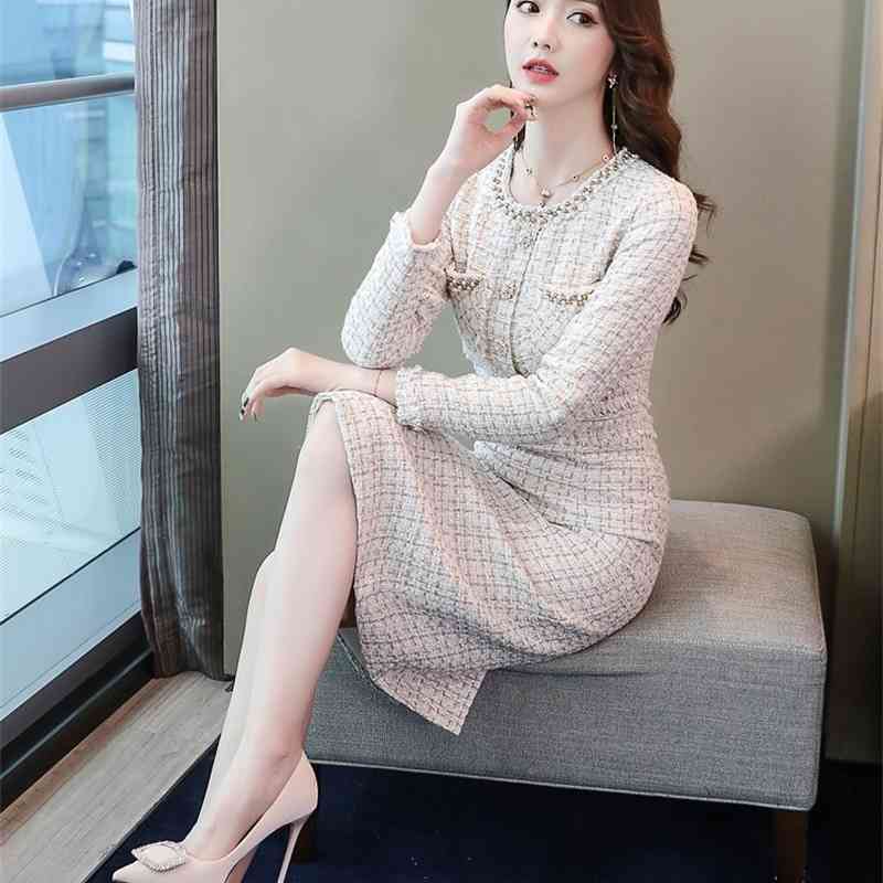 Fashion Women Tweed Long sleeve Midi Dresses Autumn Winter Beading Office OL Bodycon sheath Dress Vesitdos 210519