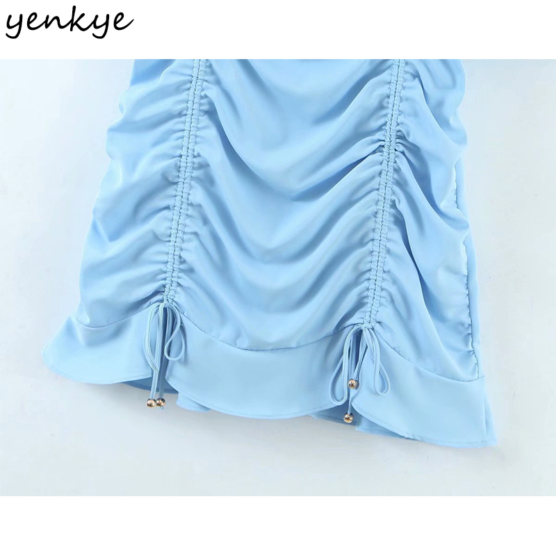 YENKYE Vintage Solid Color Drawstring Draped Dress Women Sexy Square Neck Short Sleeve Bodycon Mini Dress Summer Vestido 210515