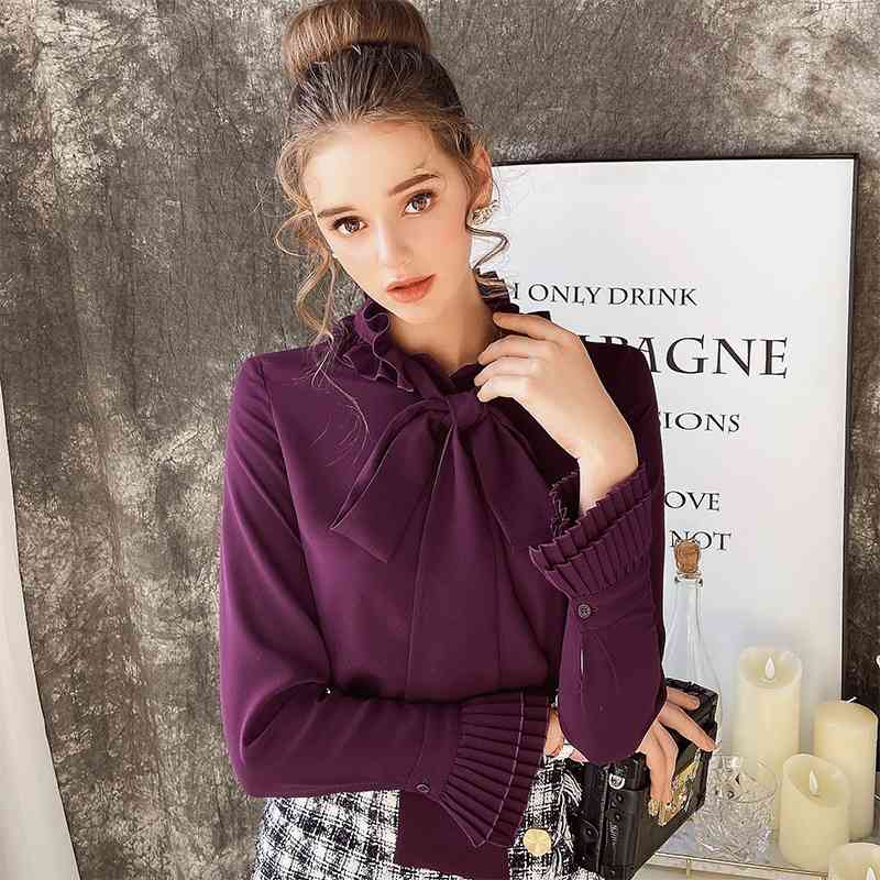 Dabuwawa Vintage Ruffles Elegant Women Blouse Shirts Casual Office Lady Bow Tie Blouses Shirt Solid Work Wear Tops DO1AST029 210520