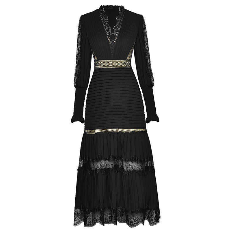 Black Patchwork Lace Dress For Women V Neck Lantern Long Sleeve High Waist Pleated Midi Dresses Female Fashion 210531