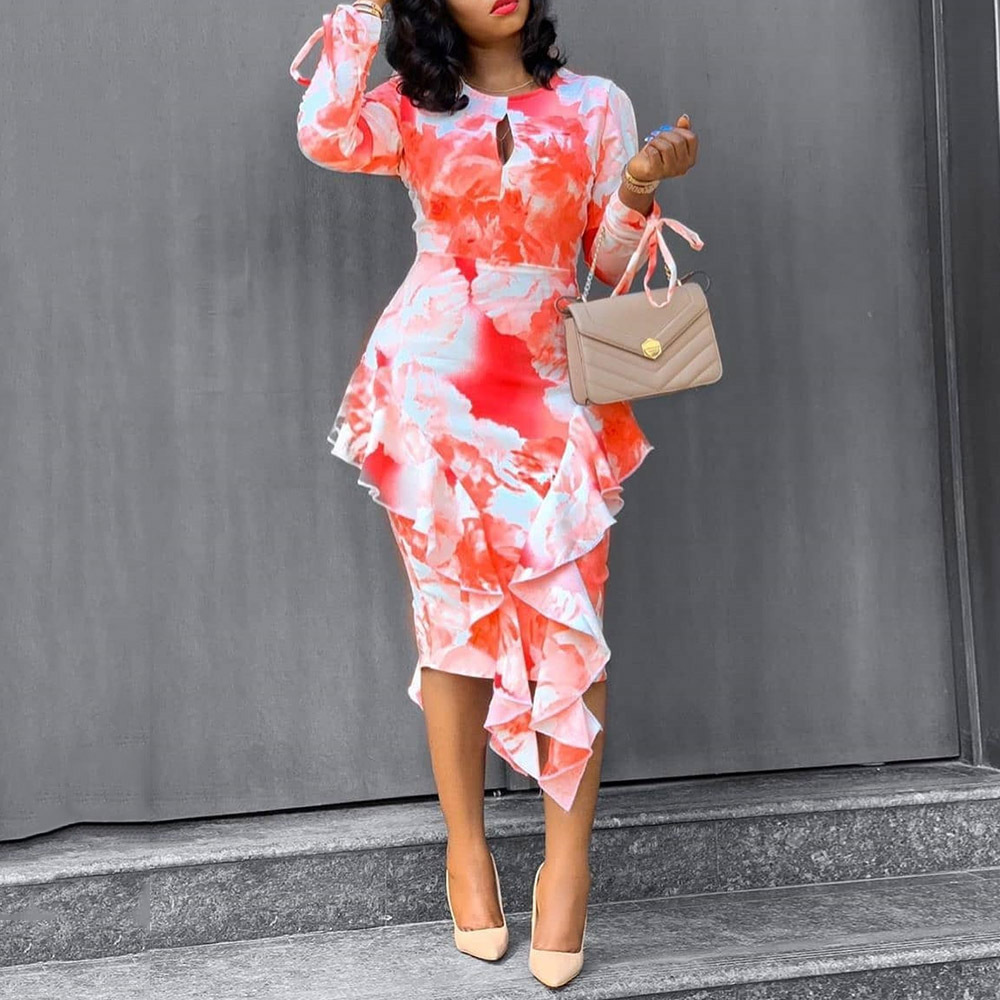 Women Dress Long Sleeve Ruffles Bohemia es Sexy Print Floral Maxi High Waist Hip Plus Size Ladies es 210513