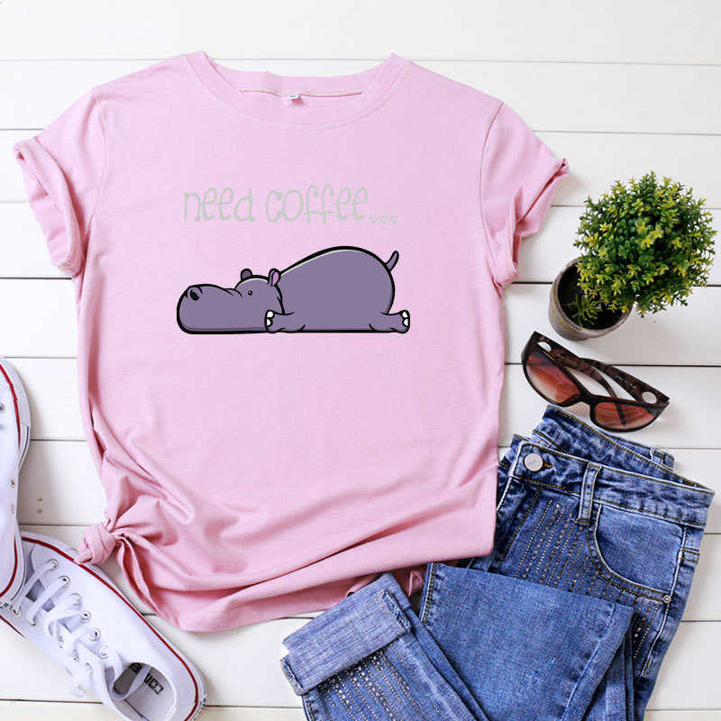 Fashion 100% Cotton Women T-Shirt Casual Loose O-Neck Short Sleeve Lazy Cartoon Need Coffee Summer Ladie Tees Top W873 210526
