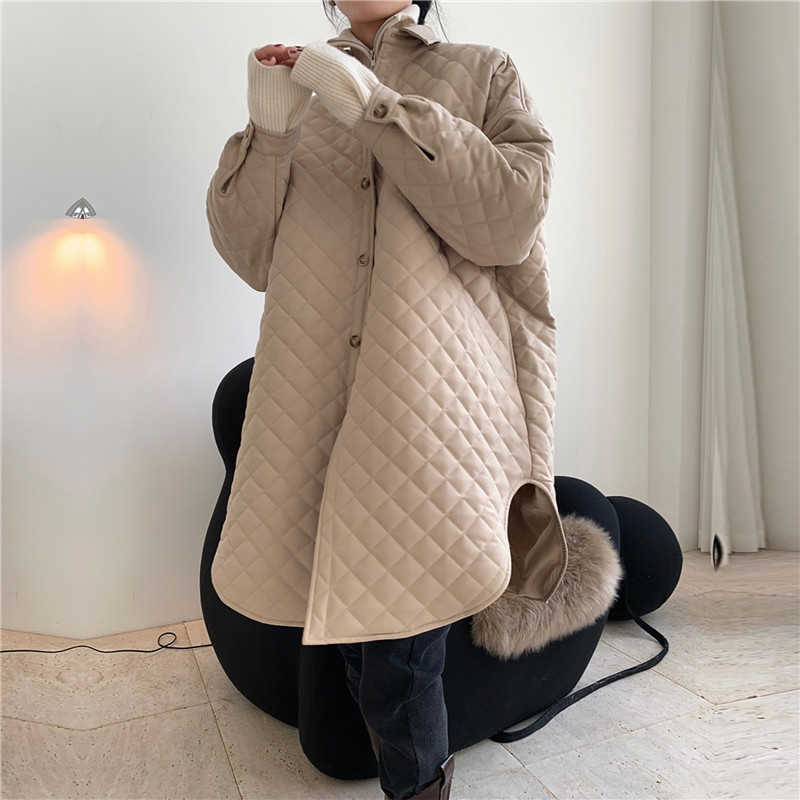 Winter Parka Thick Fashionable Silhouette Argyle Shirt Quilted Cotton Coat Female Oversize Thin Long Warm Jacket Women 211013