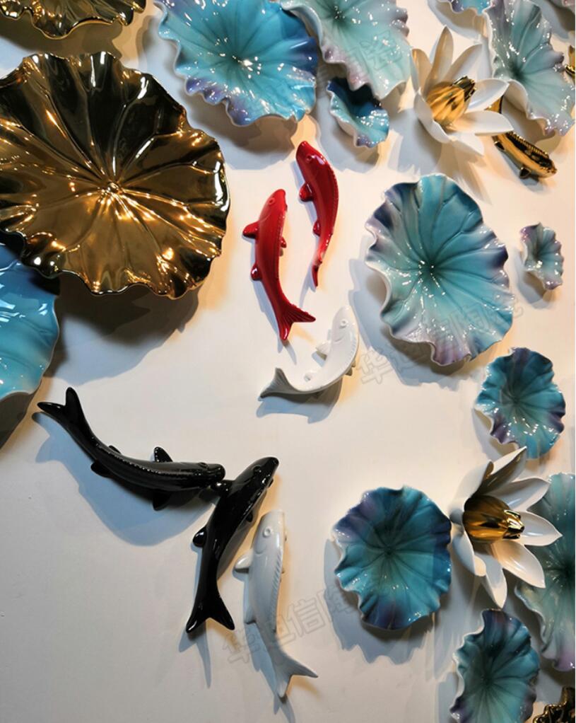 Background wall pendant living room Decorative Plates creative porch wall-ecoration hotel ceramic Lotus leaf fish wall decoration