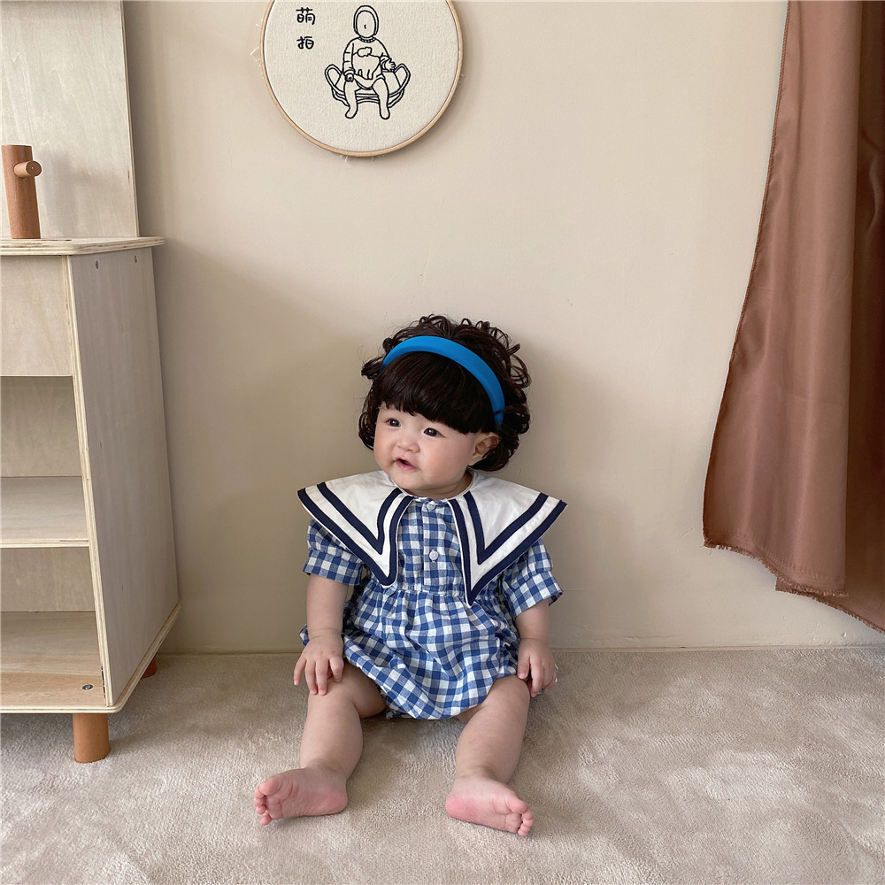 Summer baby girls Bodysuit with large collar and short sleeves cloths plaid girl outfit 210515
